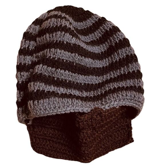 Grey and Black Striped Knitted Balaclava Beanie hat with brown face guard - Picture 4 of 5